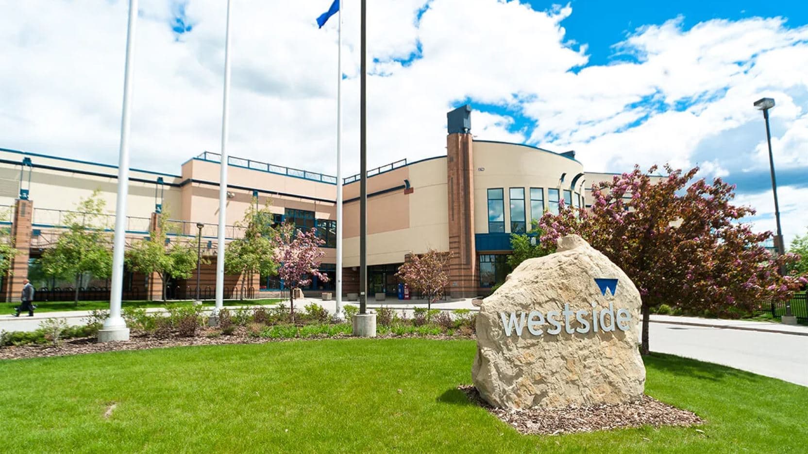 Westside Recreation Centre exterior with entrance sign near Crestmont