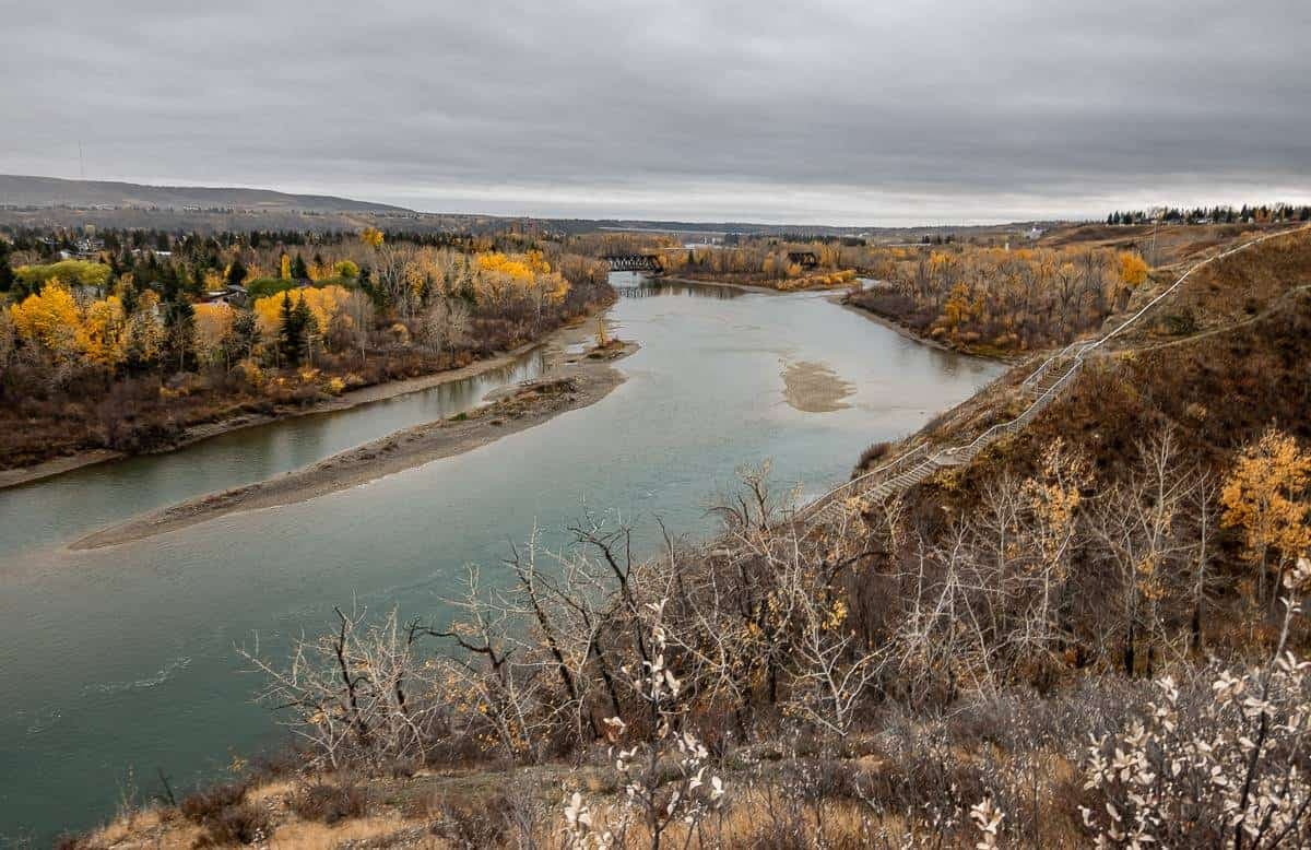 Bow River valley with fall colors and walking trail near Crestmont